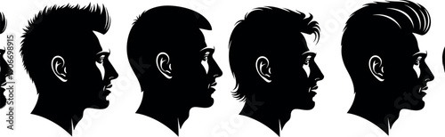 Collection of Men Profile Silhouettes Featuring Various Modern Hairstyles Including Spiky Hair Buzz Cut Mullet and Textured Pompadour Vector Illustration
