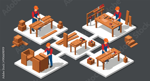 Isometric Carpenter Workshop Vector Set with Woodworking Process, Furniture Assembly, Professional Craftsman Tools and Construction Work Scenes