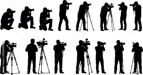 Black silhouettes of professional photographers and videographers using cameras with tripods and telephoto lenses isolated on a clean white background