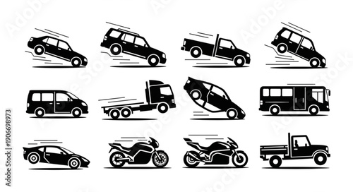 Collection of stylized vehicle icons depicting motion and accidents.