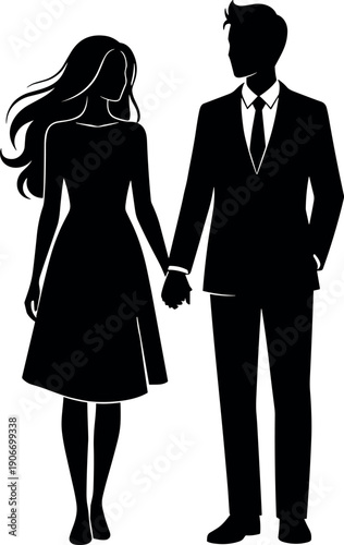 Elegant Silhouette of a Young Romantic Couple Holding Hands Wearing Formal Suit and Dress for Wedding Date or Business Event