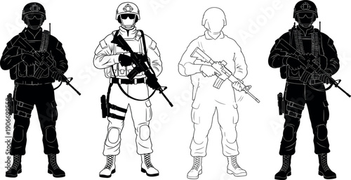 Military Soldier Outline Set Tactical Infantry Warrior Silhouette and Line Art Vector Illustrations for Army Special Forces and Security Design