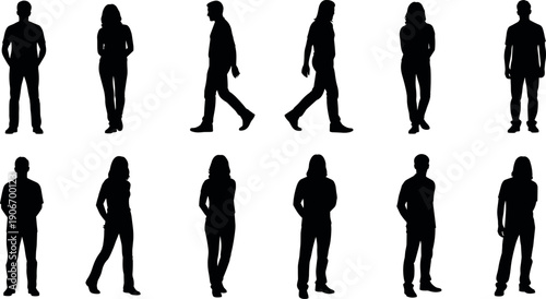 Set of black silhouettes of diverse men and women standing and walking in various poses isolated on a white background