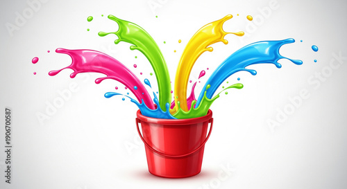 Vibrant Holi vector illustration of colorful paint splash bursting from bucket symbolizing joyful festival celebration for creative background banner poster and design use