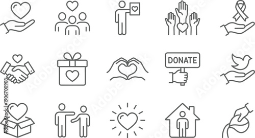 Linear vector icon set for charity and donation featuring heart symbols volunteering hands gift boxes peace doves and community support for nonprofit organization branding