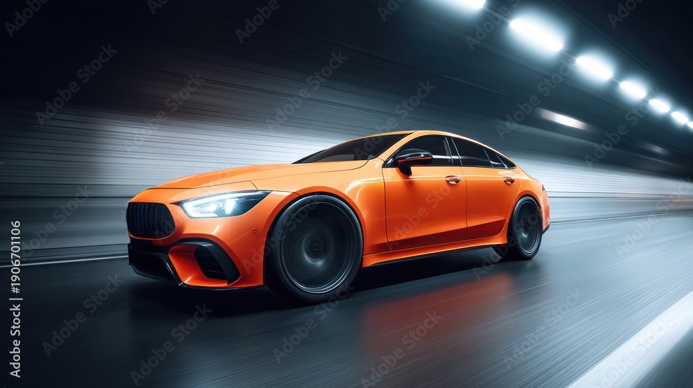 Naklejka premium Sleek orange sports sedan speeding through a modern tunnel with motion blur