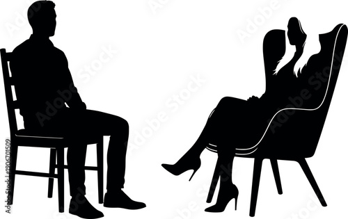 Silhouette of a professional man and woman having a business meeting or therapy session sitting in chairs on white background