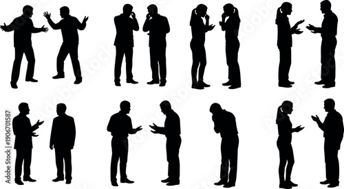 Silhouettes of People in Various Communication Scenarios Including Arguing Disputing Gossiping Explaining Gesturing and Having Intense Professional or Personal Conversations