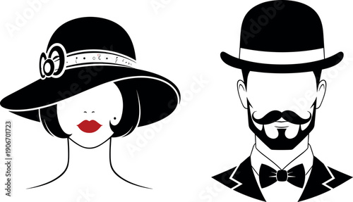 Vintage elegant couple silhouettes wearing classic 1920s fashion style with cloche hat bowler hat bowtie mustache and retro flapper bob.