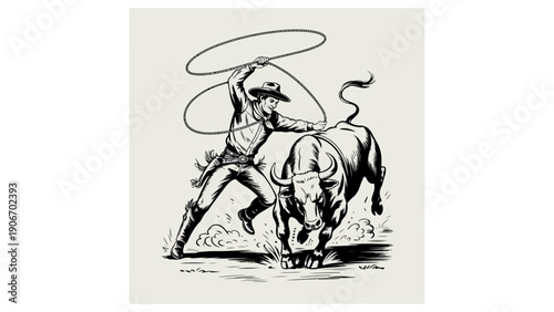 Dynamic vintage-style illustration of a cowboy roping a bull, inspired by classic wild west rodeo culture and hand-drawn engraving art.