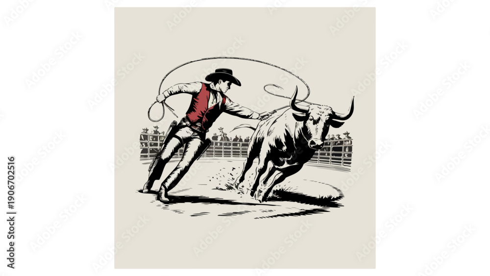 Obraz premium Dynamic vintage-style illustration of a cowboy roping a bull, inspired by classic wild west rodeo culture and hand-drawn engraving art.