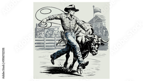 Dynamic vintage-style illustration of a cowboy roping a bull, inspired by classic wild west rodeo culture and hand-drawn engraving art.
