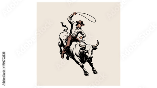 Dynamic vintage-style illustration of a cowboy roping a bull, inspired by classic wild west rodeo culture and hand-drawn engraving art.