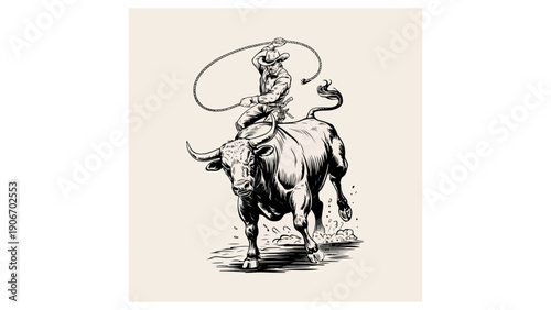 Dynamic vintage-style illustration of a cowboy roping a bull, inspired by classic wild west rodeo culture and hand-drawn engraving art.