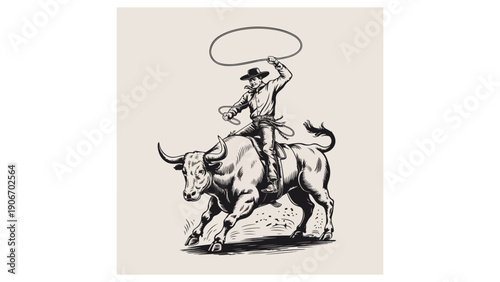 Dynamic vintage-style illustration of a cowboy roping a bull, inspired by classic wild west rodeo culture and hand-drawn engraving art.