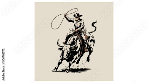 Dynamic vintage-style illustration of a cowboy roping a bull, inspired by classic wild west rodeo culture and hand-drawn engraving art.