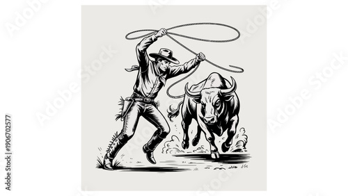 Dynamic vintage-style illustration of a cowboy roping a bull, inspired by classic wild west rodeo culture and hand-drawn engraving art.