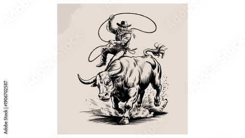 Dynamic vintage-style illustration of a cowboy roping a bull, inspired by classic wild west rodeo culture and hand-drawn engraving art.