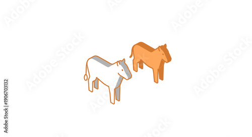 Isometric representation of two equines in simple geometric shapes, white background