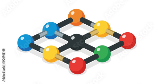 Isometric representation of a molecular structure with colorful spheres and interconnecting lines