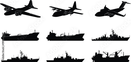 Black silhouette collection of military cargo planes, naval warships, tankers, and transport vessels isolated on white background for marine designs.