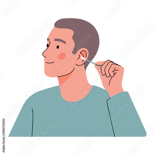 Young man cleaning his ear with a cotton swab at home  