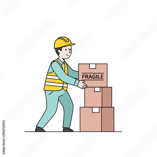 Male warehouse worker stacking fragile boxes in a safe posture  