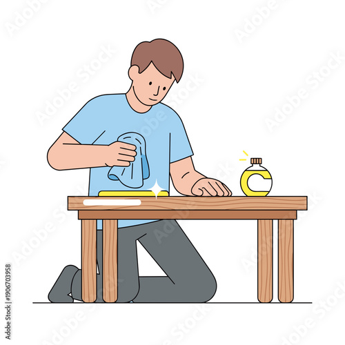 Young man polishing wooden table with cloth and liquid cleaner  