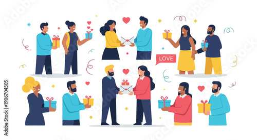 Illustration of diverse people exchanging gifts and showing affection with colorful hearts and confetti on a white background.