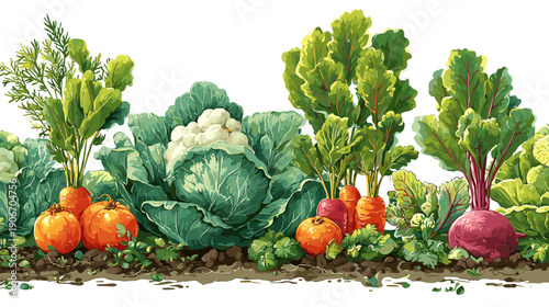 A vibrant illustration of various vegetables growing in the soil