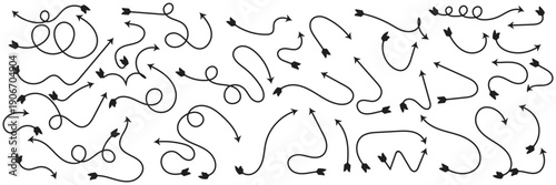 Hand Drawn Black Doodle Arrows Vector Set, Thin Line Curved Pointers, Swirly Direction Indicators, Sketch Style Arrows for Design, UI, Infographics
