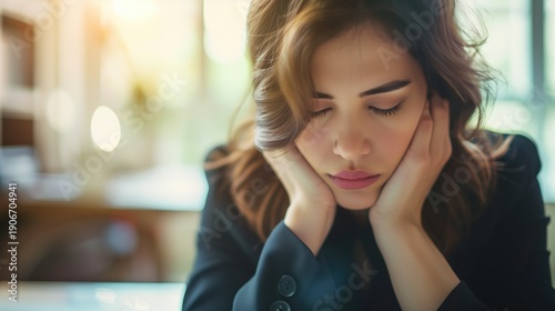 National Chronic Fatigue Syndrome Awareness Month:woman in business attire sitting at office desk, head resting on hands, closed eyes showing deep fatigue