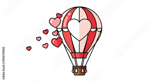 Illustration of a red and white hot air balloon with a heart design and smaller hearts floating away on a white background.