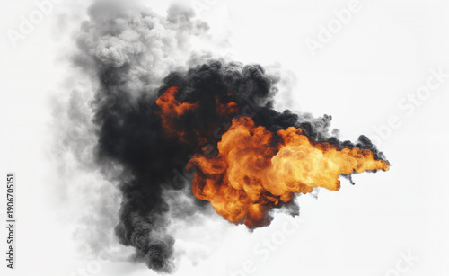 Isolated large fiery fire with black smoke billowing outwards with intense and bright flames on a white background