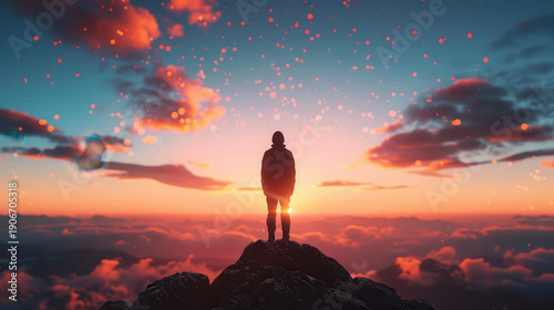 A man stands on a mountain top at sunset