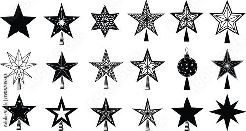 Large Set of Black Silhouette Vector Illustrations of Decorative Christmas Tree Topper Stars and Festive Holiday Ornaments Isolated on White Background