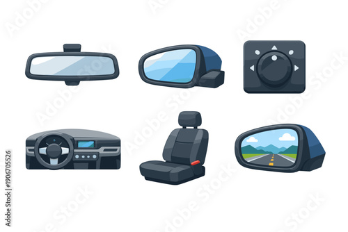 Collection of car interior and exterior components, illustrated in a modern flat style