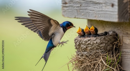 A barn swallow hovering near its mud nest under a rustic wooden eave. AI generated.
