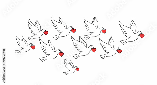 Illustration of a flock of white doves flying with red hearts in their beaks against a plain white background.