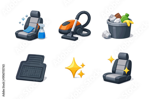 Car interior cleaning icons: car seat, vacuum, floor mat, trash and cleaning supplies