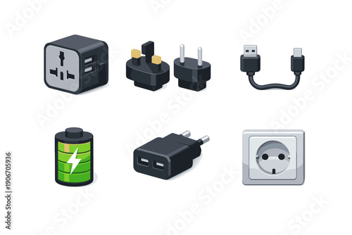 Collection of electrical adapters, battery, and power outlet icons on white background