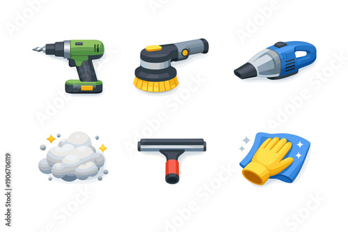 Collection of cleaning tools and supplies for home maintenance and car detailing