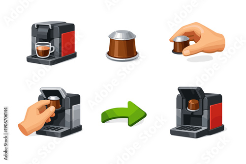 Step-by-step guide showing how to insert a coffee capsule into a modern coffee machine