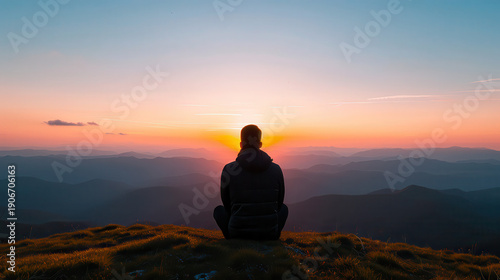 A man sits on a hilltop overlooking a beautiful sunset