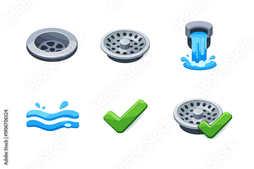 Set of icons representing sink drains, water flow, and a checkmark for approval