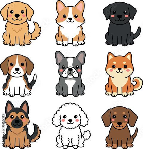 Adorable Canine Collection: A charming ensemble of diverse dog breeds, each with its unique charm and expression. It is a delightful illustration of the beloved domestic animal.