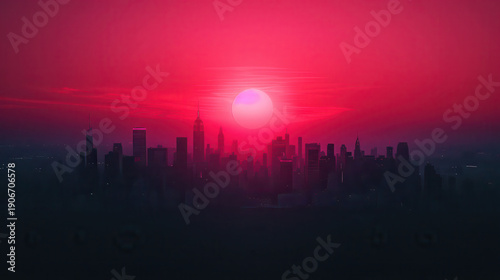 A city skyline with a large red sun in the sky