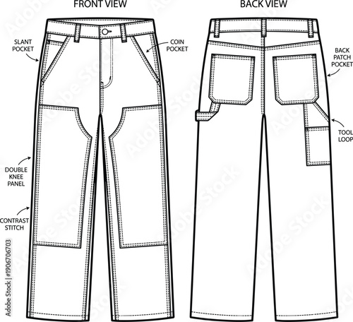 Technical Drawing of Modern Carpenter Pants with Double Knee Panels and Tool Loops: A Fashion-Forward Blueprint for Rugged Style and Functional Design