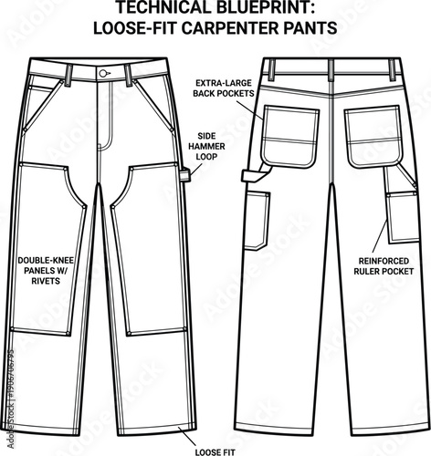 Technical Blueprint for Loose-Fit Carpenter Pants: Detailed Diagram Showcasing Reinforced Construction and Design Features for Workwear and Fashion Apparel Production