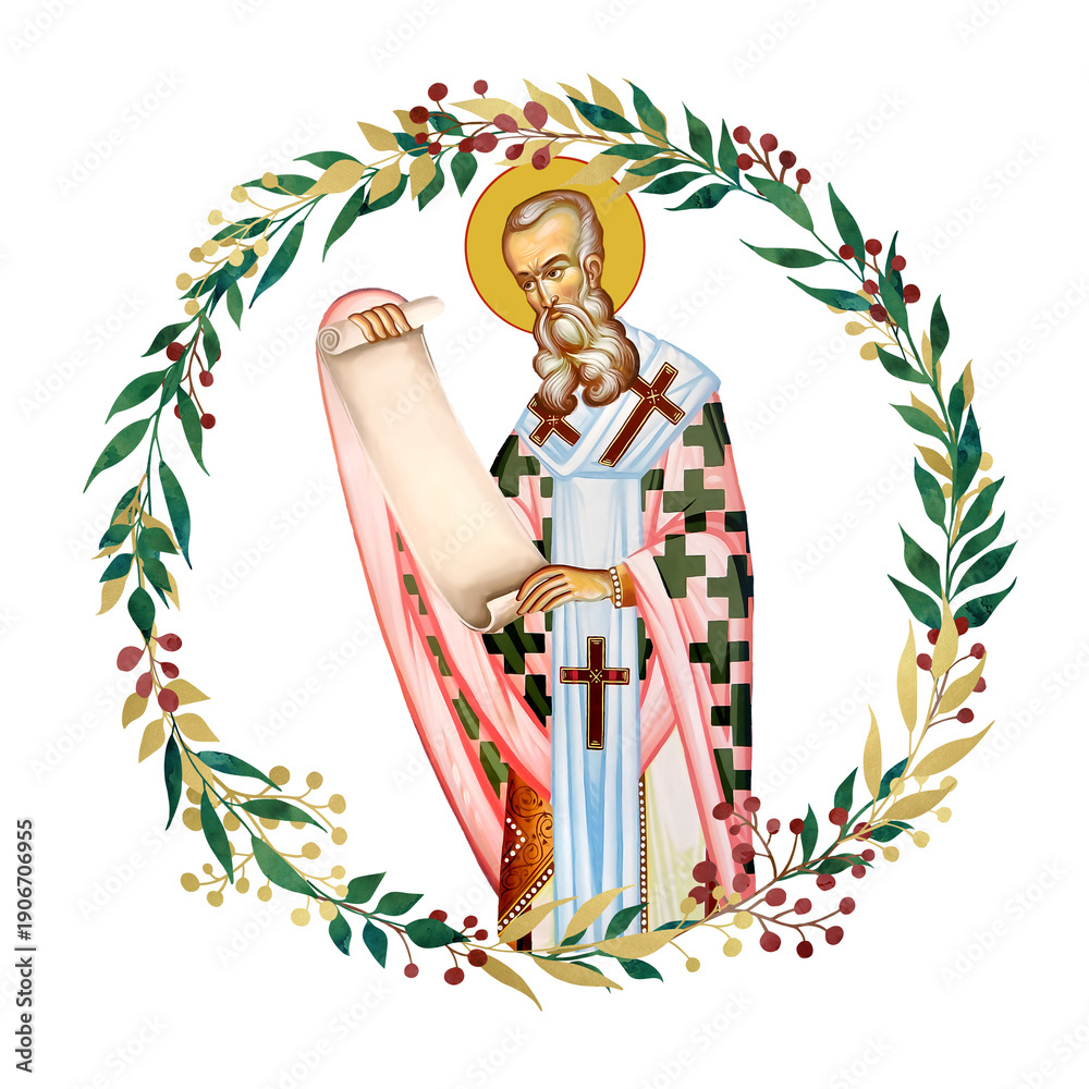 Fototapeta premium Anastasius I Dicorus. Decorative vintage floral wreath, illustration in Byzantine style isolated